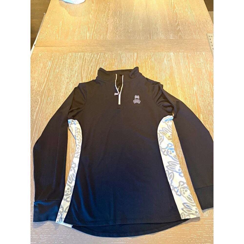 Psycho Bunny Wokens M Solid Black 1/4 Zip Mock Neck Stretch Polo Pullover